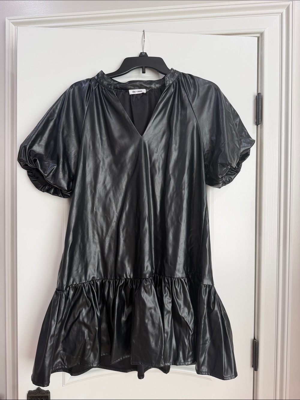 Day + Moon Faux Leather Black Short Sleeve Tiered Dress